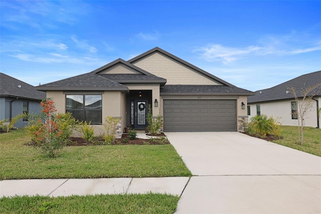 view of front of house featuring stucco siding, an attached garage, concrete driveway, and a front lawn