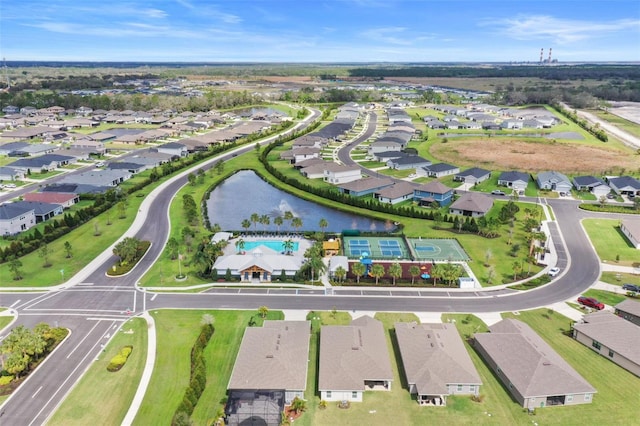 aerial view with a residential view and a water view