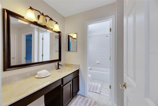 bathroom featuring shower / washtub combination, tile patterned flooring, vanity, and toilet