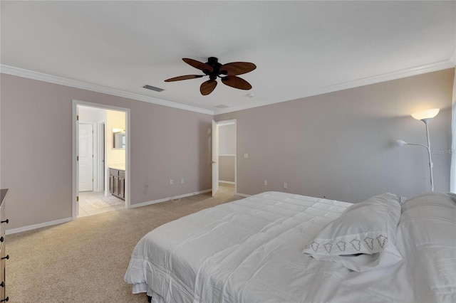 bedroom featuring light colored carpet, a ceiling fan, baseboards, visible vents, and crown molding