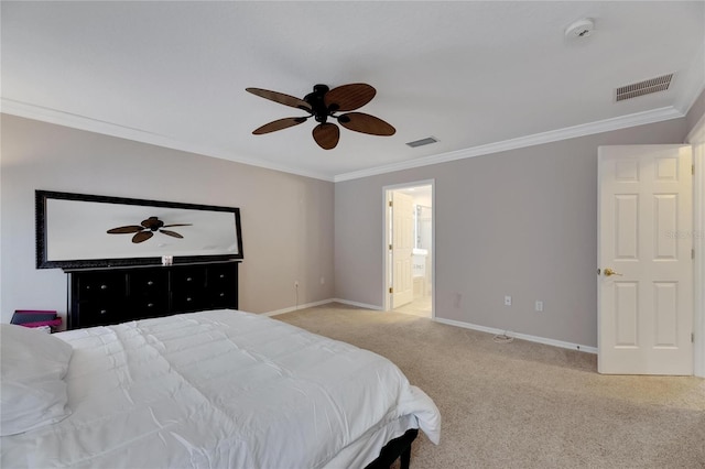 bedroom with light carpet, crown molding, visible vents, and baseboards