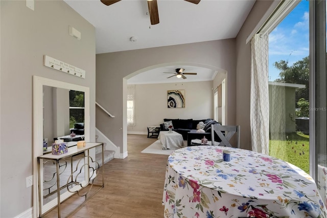 dining room featuring baseboards, arched walkways, a ceiling fan, stairway, and light wood-type flooring