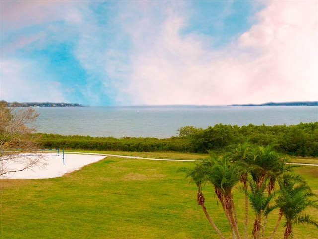 406 Shore Dr W, Oldsmar, FL 34677 - surrounding community with a water view, volleyball court, and a lawn