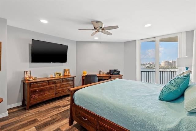 690 Island Way Unit 1003, Clearwater Beach, FL 33767 - bedroom featuring access to exterior, wood finished floors, recessed lighting, baseboards, and a ceiling fan