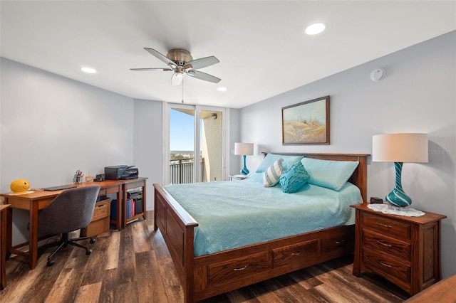 690 Island Way Unit 1003, Clearwater Beach, FL 33767 - bedroom with access to outside, an office area, dark wood-style flooring, recessed lighting, and ceiling fan