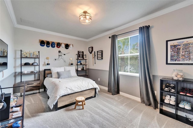 bedroom featuring carpet, ornamental molding, and wainscoting