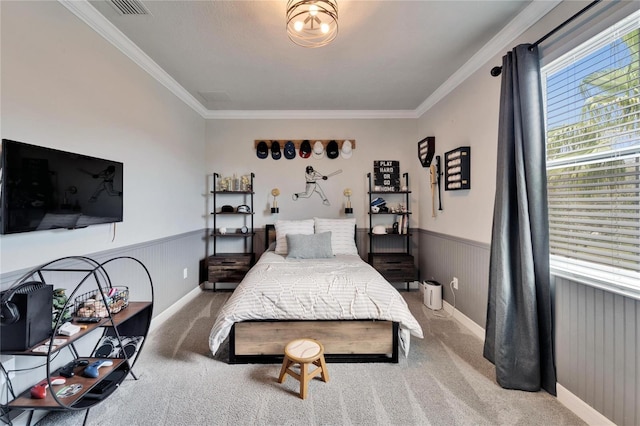 bedroom with carpet, ornamental molding, and wainscoting