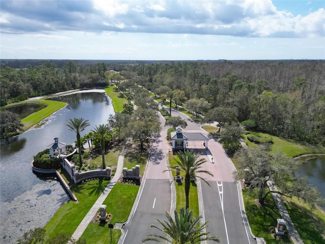 bird's eye view with a water view and a view of trees