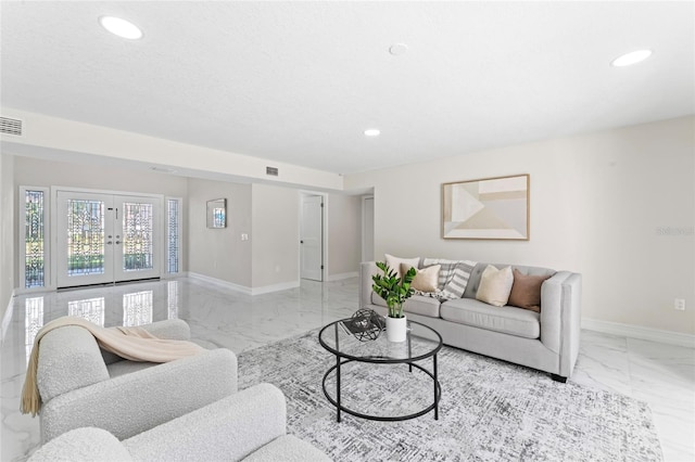 living room with marble finish floor, french doors, recessed lighting, and baseboards