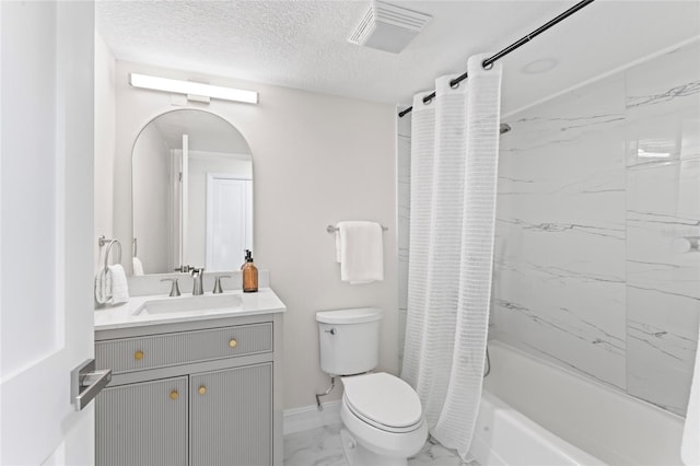 full bathroom with a textured ceiling, toilet, vanity, visible vents, and marble finish floor