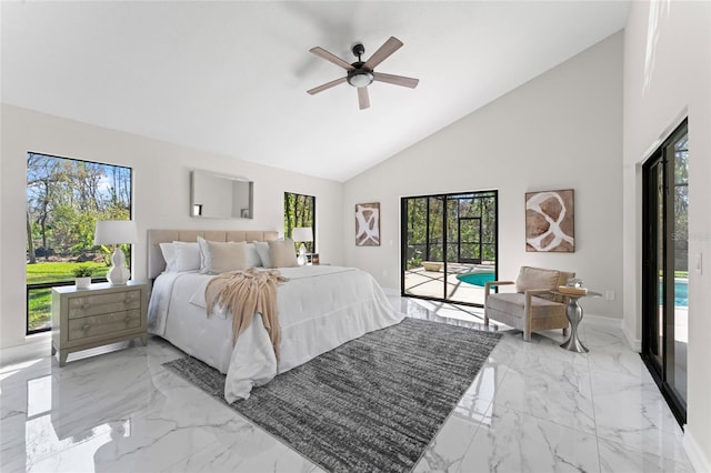 bedroom with access to exterior, marble finish floor, ceiling fan, high vaulted ceiling, and baseboards