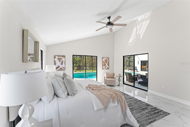 bedroom featuring lofted ceiling, a ceiling fan, baseboards, access to exterior, and marble finish floor