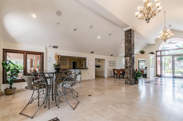 dining space featuring a chandelier, high vaulted ceiling, recessed lighting, visible vents, and baseboards