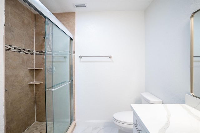 full bath with visible vents, toilet, marble finish floor, vanity, and a shower stall