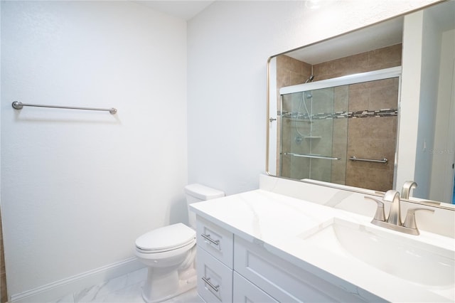 full bathroom with toilet, vanity, baseboards, marble finish floor, and a stall shower