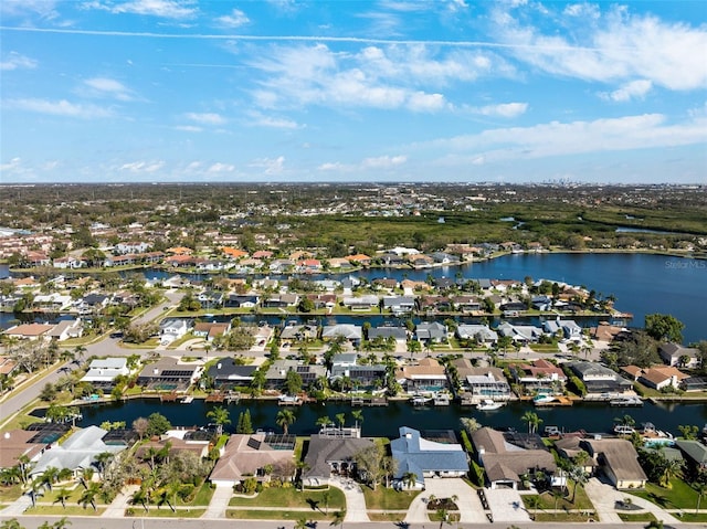 aerial view featuring a residential view and a water view