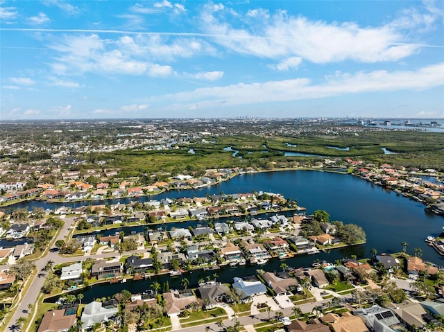 aerial view with a water view and a residential view