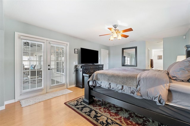 bedroom featuring ceiling fan, light wood-style flooring, baseboards, access to exterior, and french doors