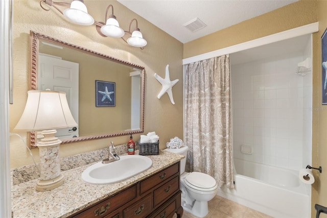 full bath with visible vents, toilet, shower / tub combo with curtain, tile patterned flooring, and vanity