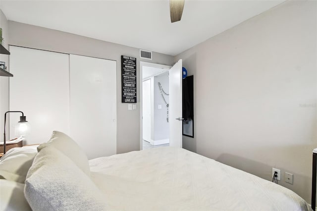 bedroom featuring a closet, visible vents, and ceiling fan