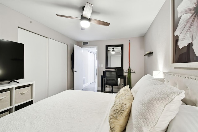 bedroom with ceiling fan, visible vents, and a closet