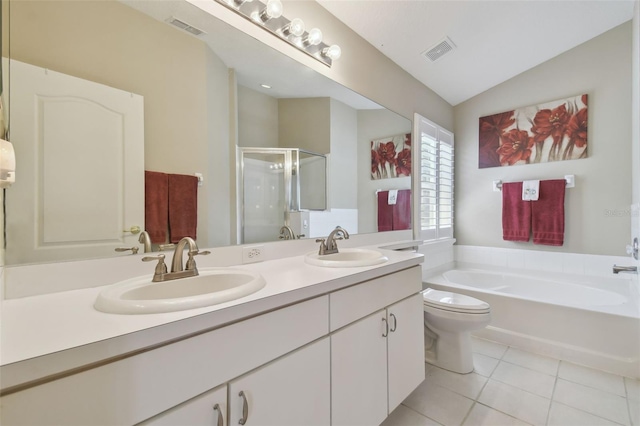 bathroom with a sink, visible vents, a shower stall, and tile patterned floors