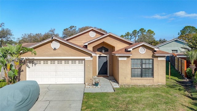 ranch-style home with stucco siding, concrete driveway, a front yard, fence, and a garage