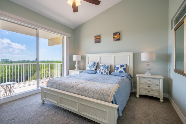 carpeted bedroom featuring a ceiling fan, access to outside, vaulted ceiling, and baseboards