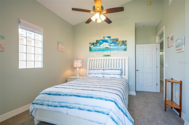 bedroom with ceiling fan, carpet flooring, and baseboards