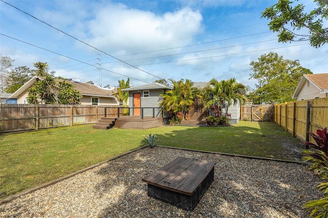 view of yard with a gate, a fenced backyard, and a wooden deck