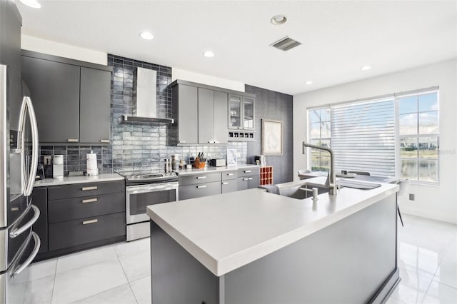 kitchen with visible vents, wall chimney exhaust hood, appliances with stainless steel finishes, gray cabinets, and a sink