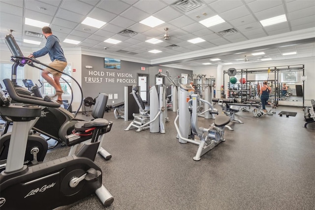 workout area with ornamental molding and visible vents