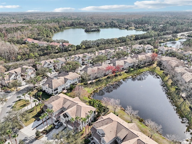 aerial view featuring a water view and a residential view