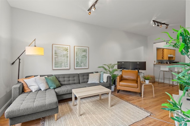 living area featuring rail lighting and wood finished floors