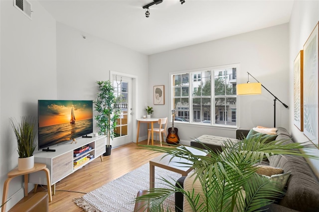 living area featuring a healthy amount of sunlight, light wood-style flooring, and visible vents