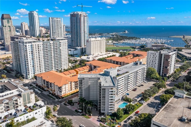 drone / aerial view with a water view and a view of city