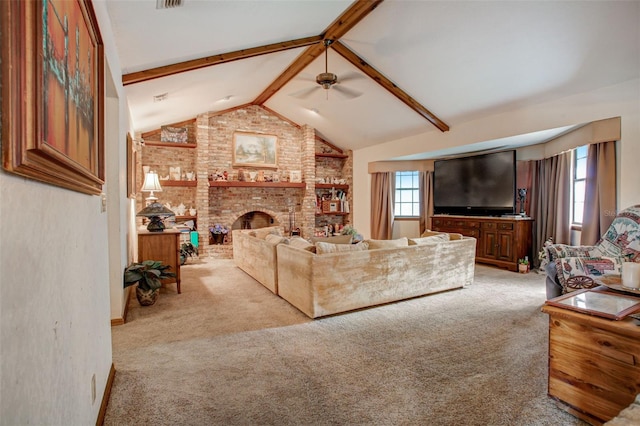 carpeted living room featuring lofted ceiling with beams, brick wall, ceiling fan, and a fireplace