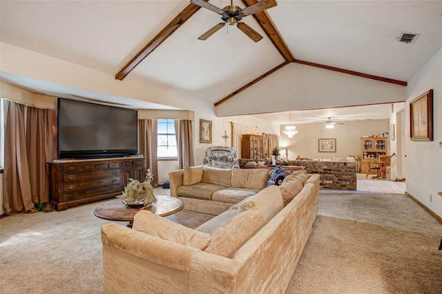 carpeted living room featuring lofted ceiling with beams, baseboards, visible vents, and a ceiling fan