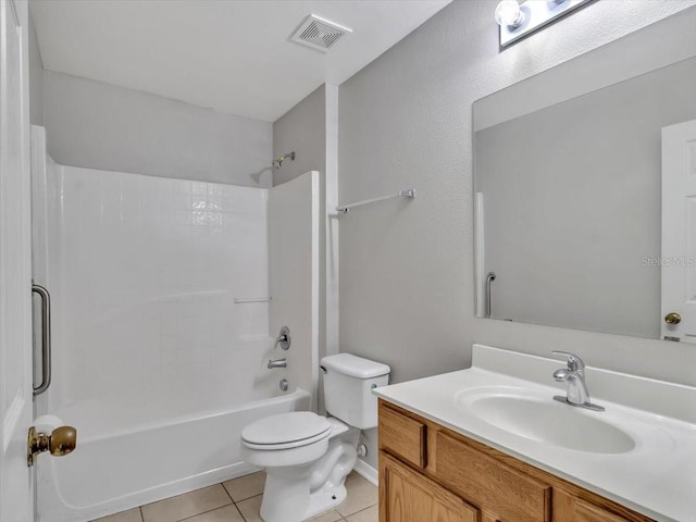 full bathroom with tile patterned flooring, toilet, vanity, visible vents, and shower / bathing tub combination