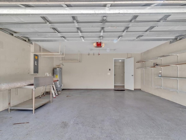 garage featuring a garage door opener, electric panel, and electric water heater