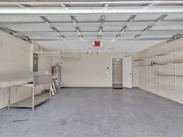 garage featuring electric water heater, electric panel, and a garage door opener