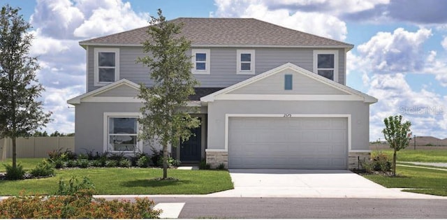 traditional home with fence, driveway, stone siding, a garage, and a front lawn