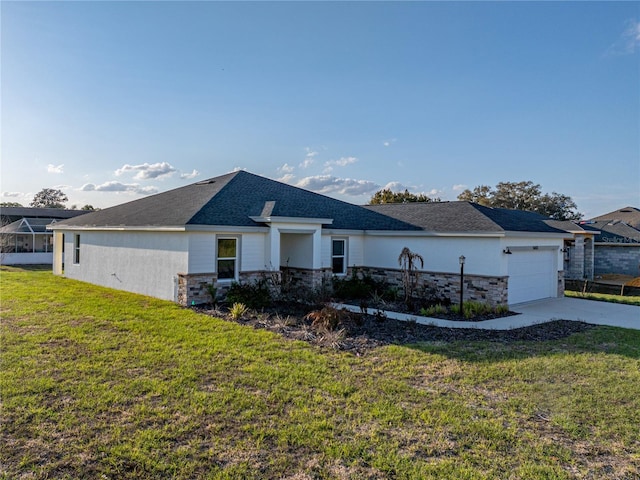 single story home featuring a garage, concrete driveway, stone siding, a front lawn, and stucco siding