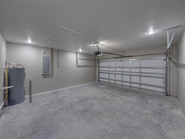 garage with electric panel, concrete block wall, water heater, and a garage door opener