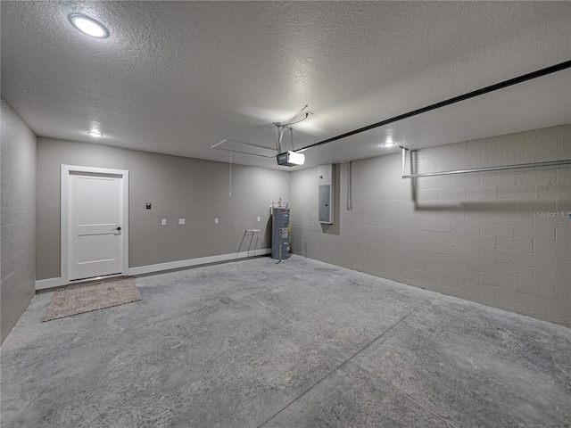 garage with water heater, electric panel, concrete block wall, and a garage door opener