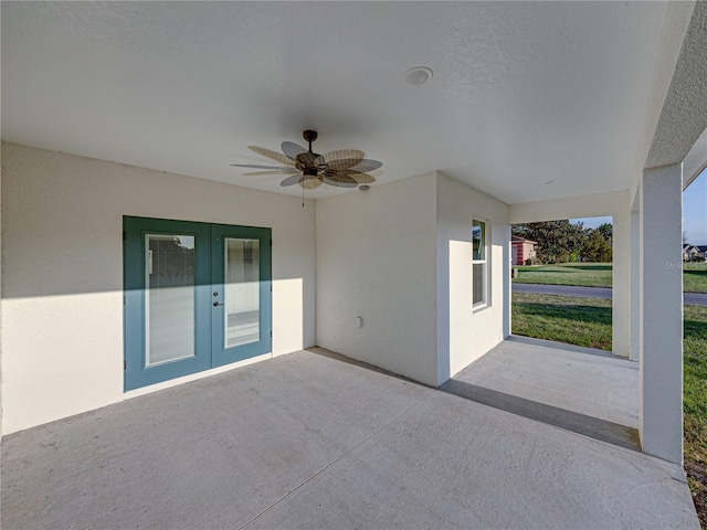 view of patio / terrace with ceiling fan and french doors