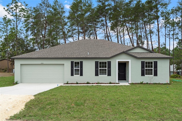 ranch-style home with an attached garage, a shingled roof, driveway, stucco siding, and a front lawn