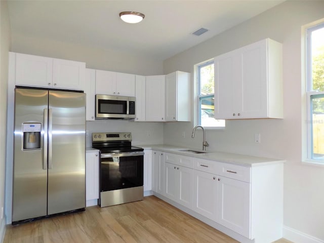 kitchen with a sink, white cabinetry, light countertops, appliances with stainless steel finishes, and light wood-type flooring