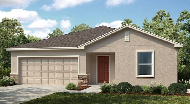 ranch-style house featuring concrete driveway, stone siding, roof with shingles, an attached garage, and stucco siding