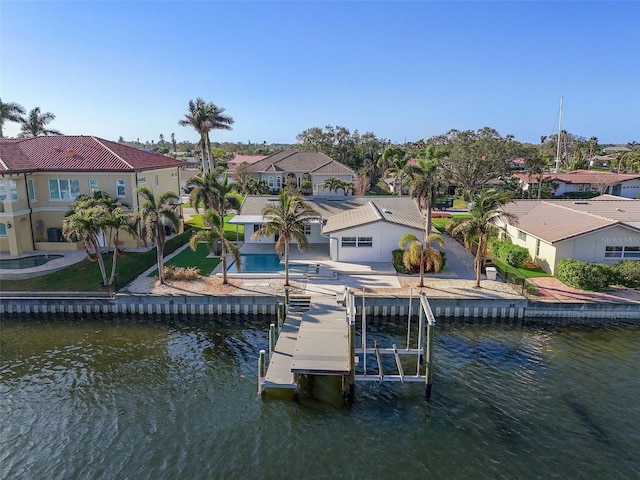 view of dock featuring an outdoor pool, boat lift, a residential view, a water view, and a patio area